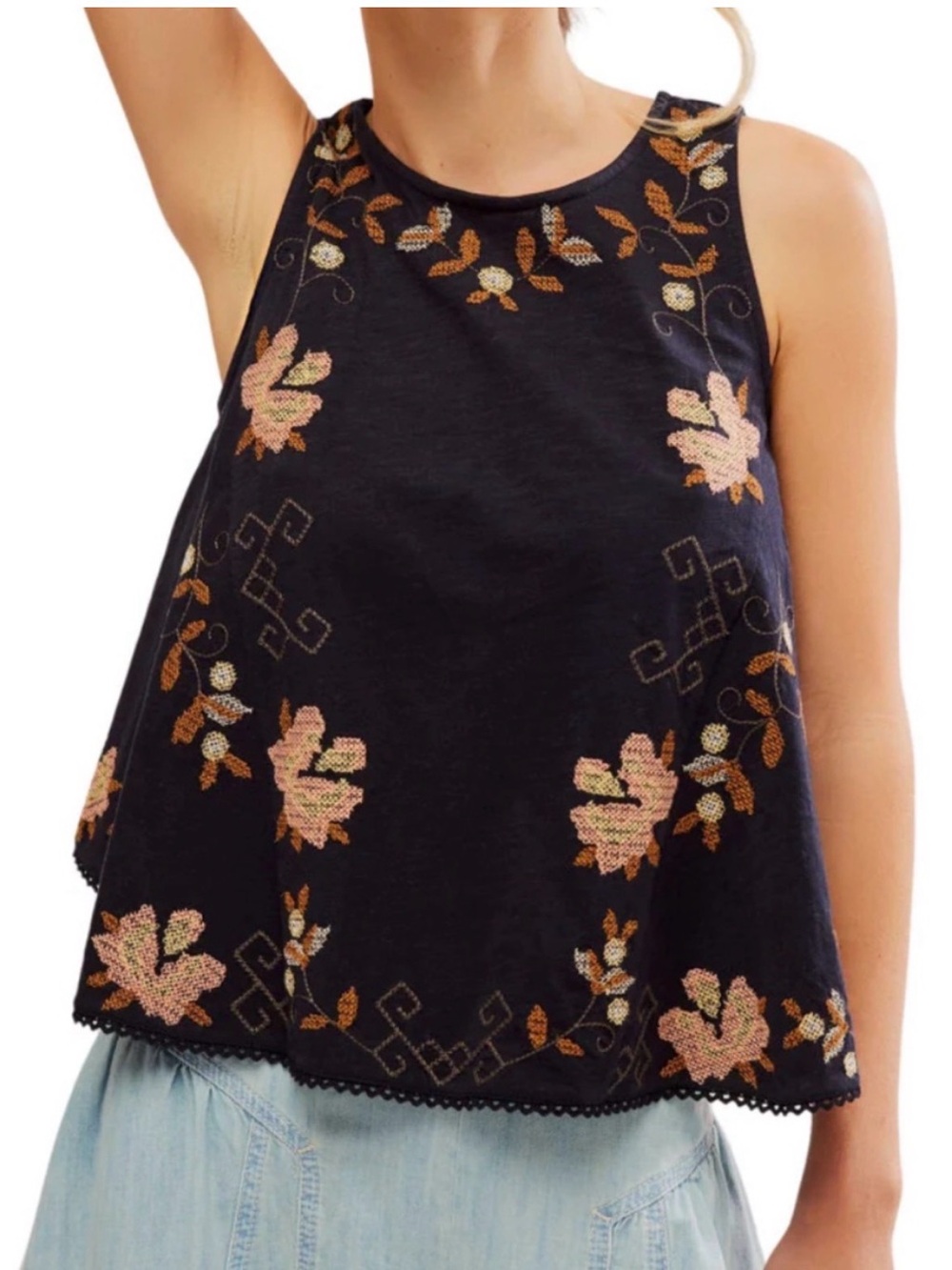 Free People Black Embroidered Floral Tank Top